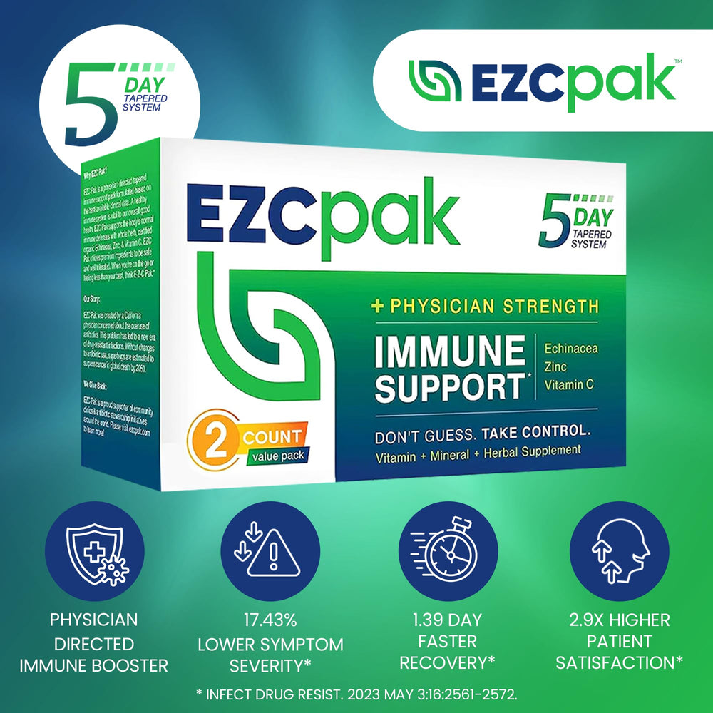 EZC Pak zinc vitamin C pills close-up highlighting high-dose ingredients for immune support.