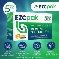 EZC Pak zinc vitamin C pills close-up highlighting high-dose ingredients for immune support.