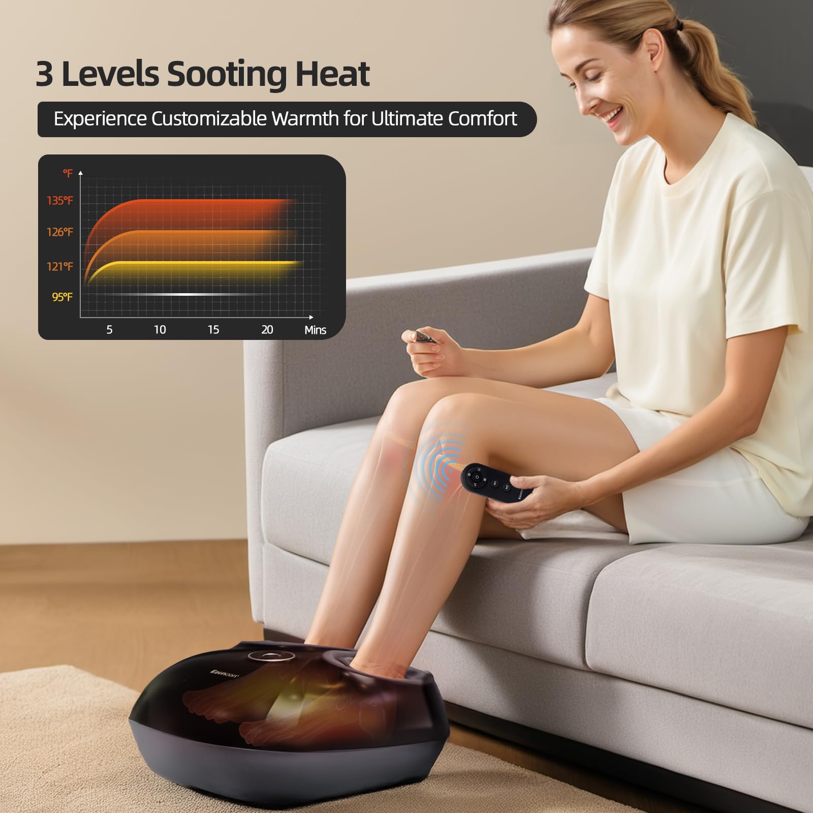 Ezencon compact foot massager fits neatly under a sofa for easy storage.