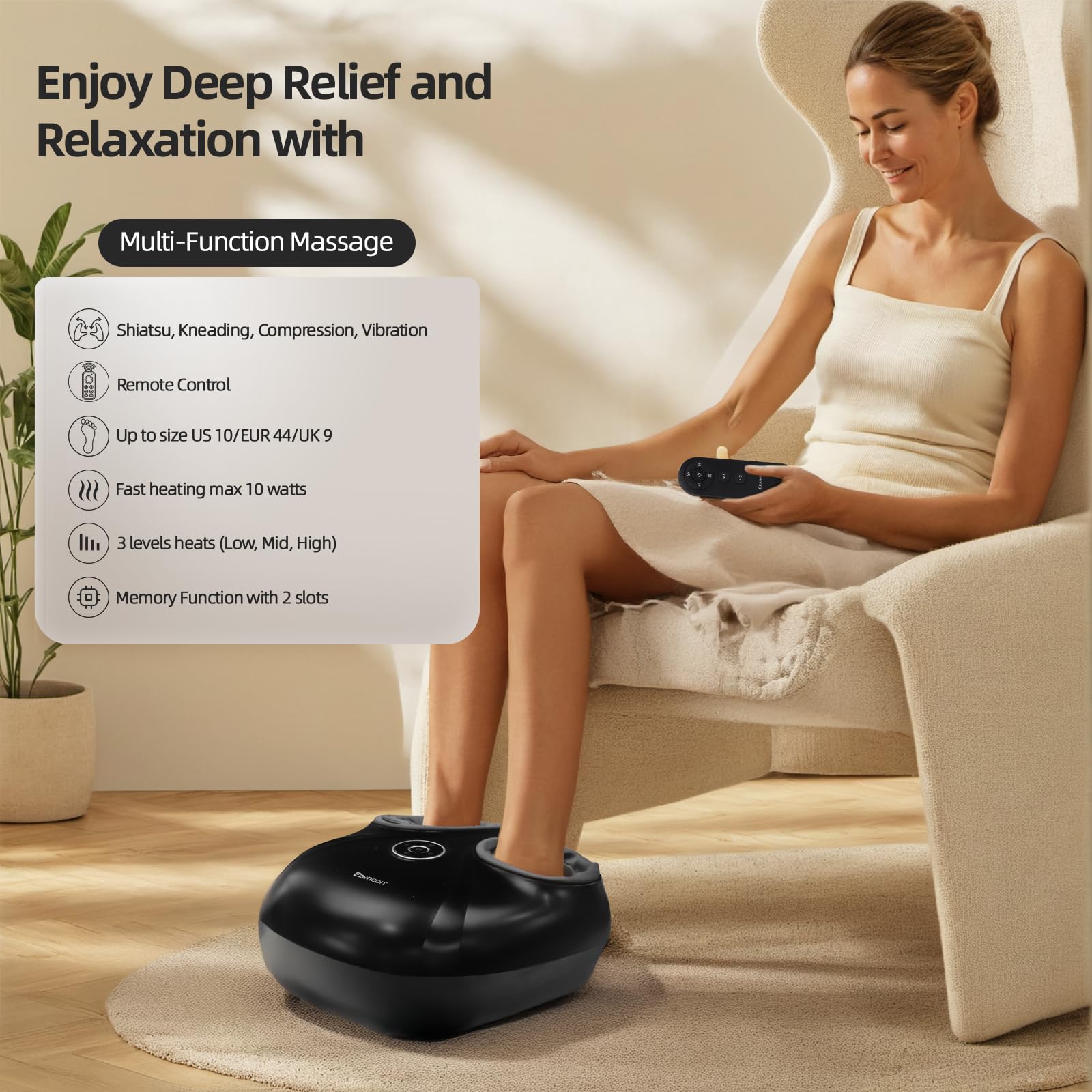 Ezencon foot massager with remote control enables easy mode and heat adjustments.