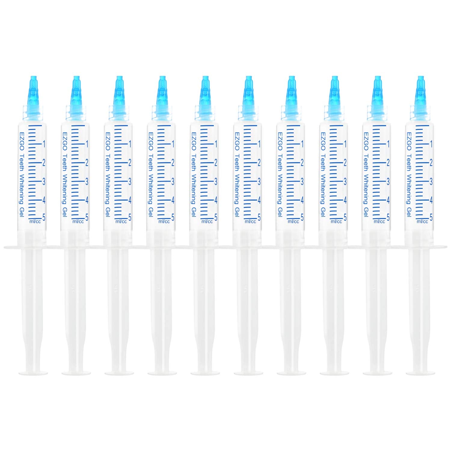 EZGO ten-pack teeth whitening gel refills shown in compact tubes for convenient home whitening.