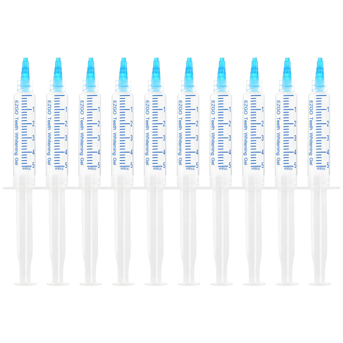 EZGO ten-pack teeth whitening gel refills shown in compact tubes for convenient home whitening.
