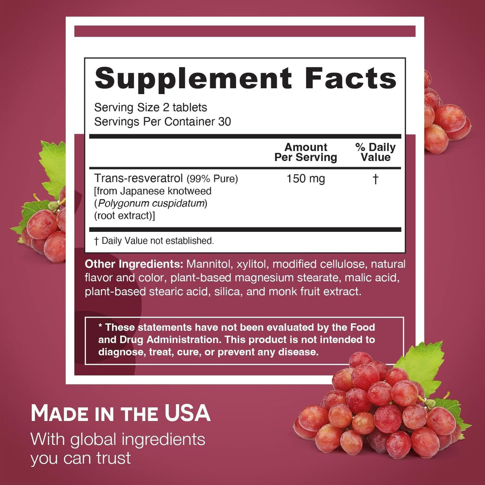 EZ Melts resveratrol tablet shown with red grape flavor for daily use