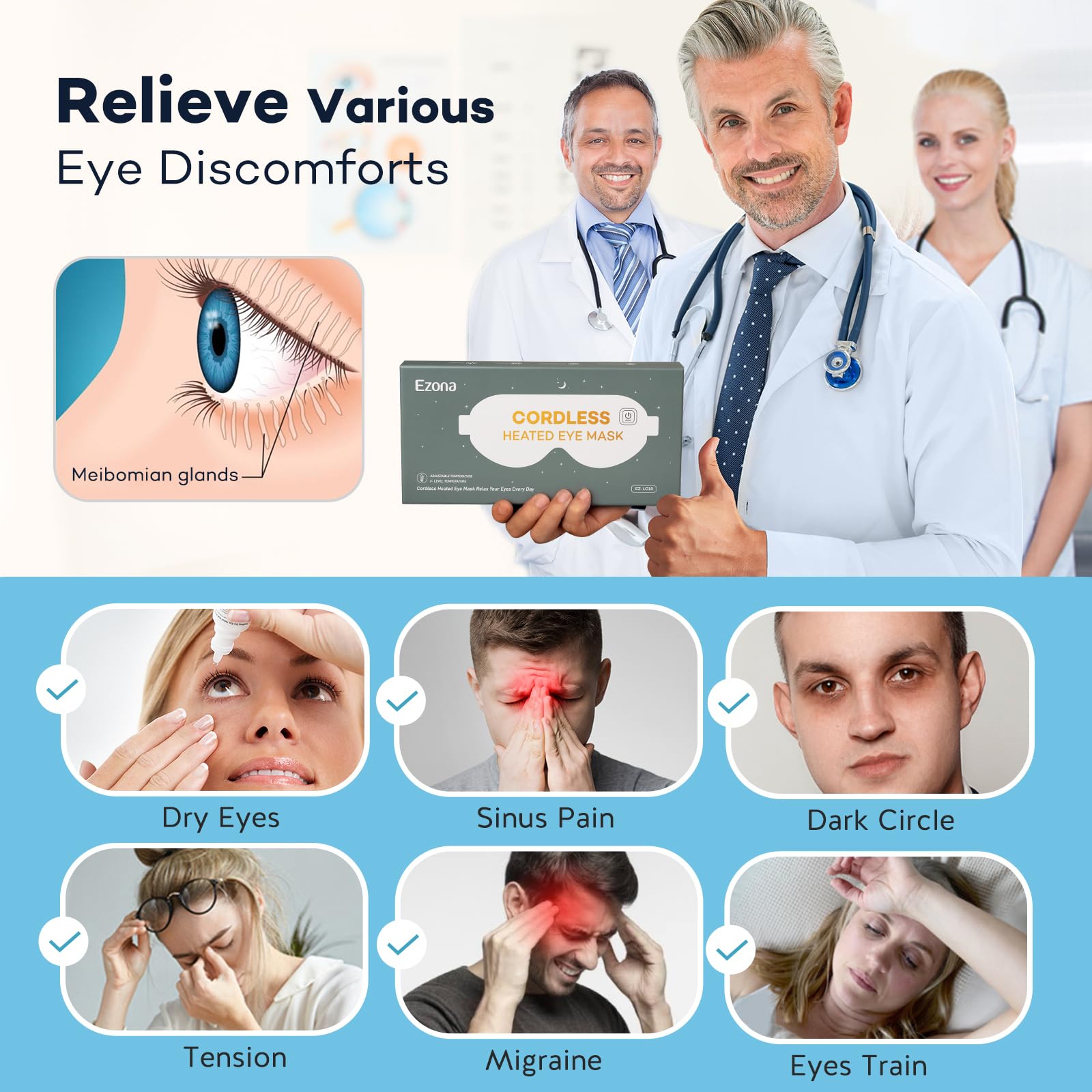 Ezona eye mask worn on face delivering soothing warmth for eyes