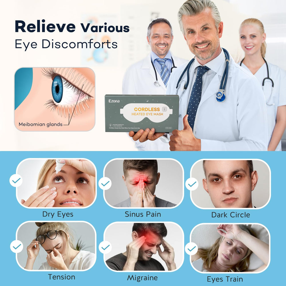 Ezona eye mask worn on face delivering soothing warmth for eyes