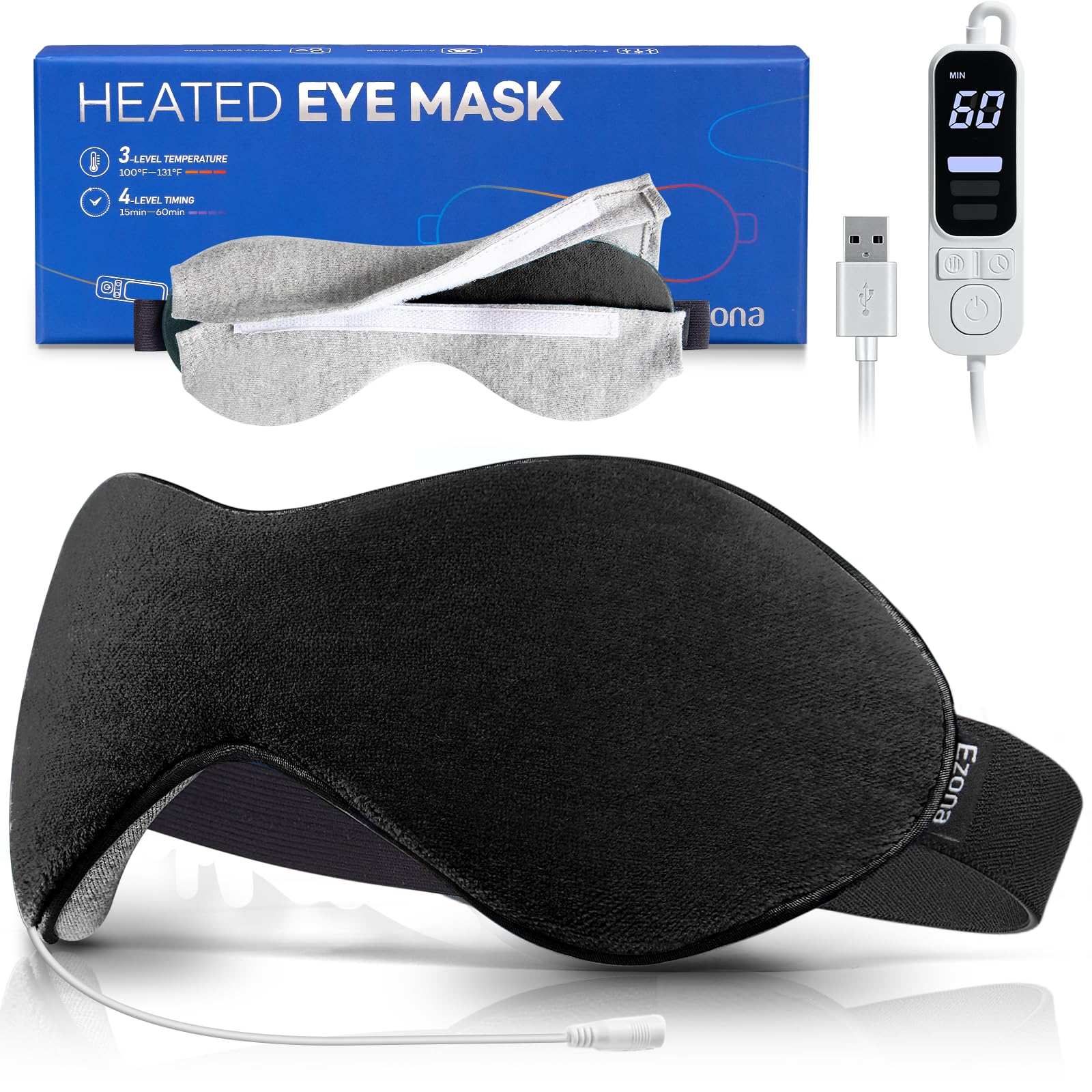 Ezona heated eye mask front view with warm, comforting design for tired eyes