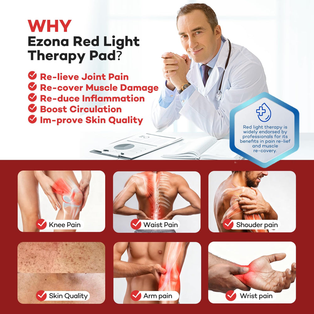 Ezona red light therapy pad on shoulders for upper body ease.