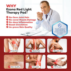 Ezona red light therapy pad on shoulders for upper body ease.
