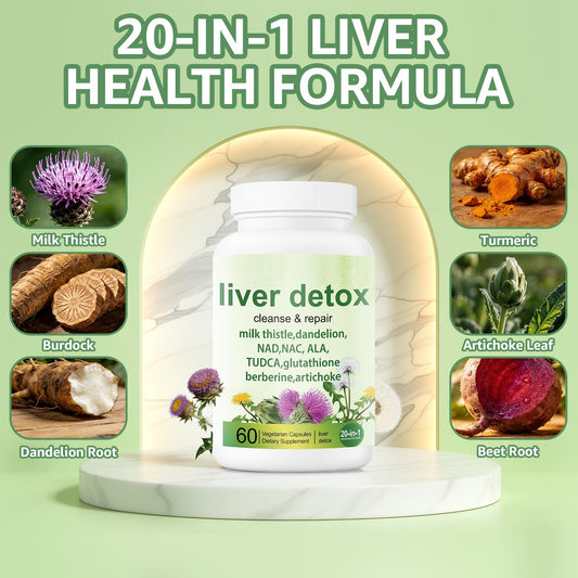 EZTZMCN Liver Detox capsules close-up shows herbal blend.