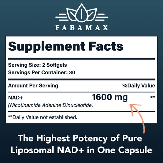 Fabamax NAD+ 1600 mg illustration emphasizes high-potency absorption.