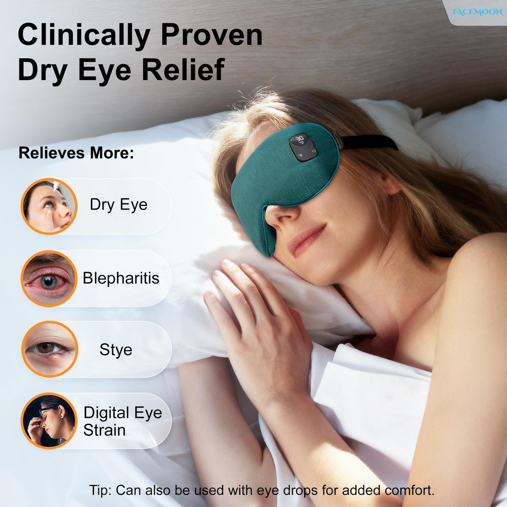 FACEMOON heated eye mask worn on eyes for soothing warmth.