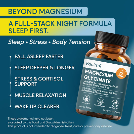 Facime KSM-66 ashwagandha capsules shown for cortisol support and calmer evenings.