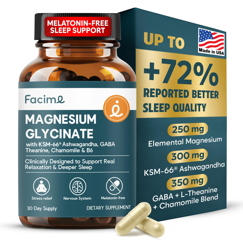 Facime magnesium glycinate sleep capsules bottle promotes relaxation for a peaceful night.