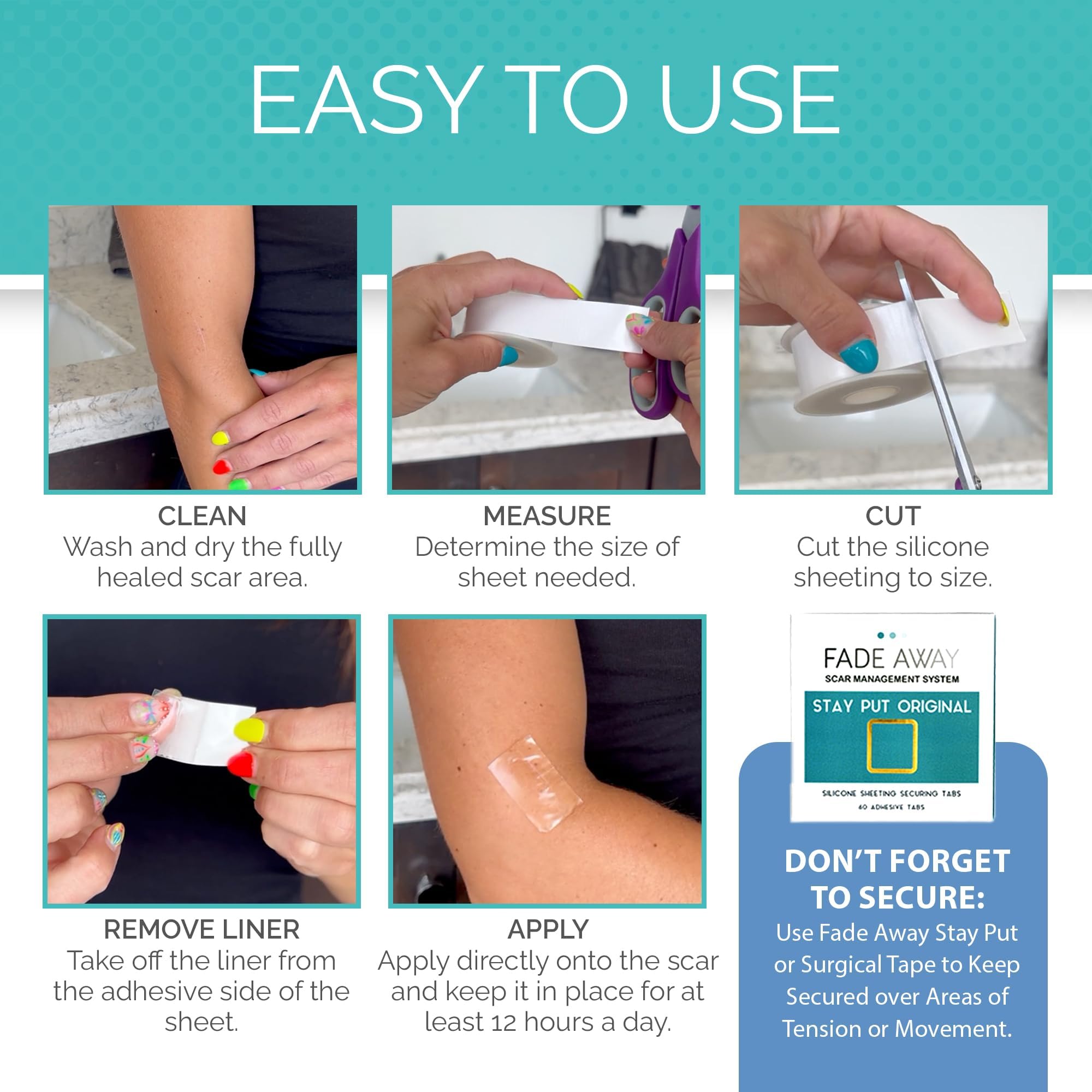 Fade Away silicone scar sheets create a moist healing environment for scar management.