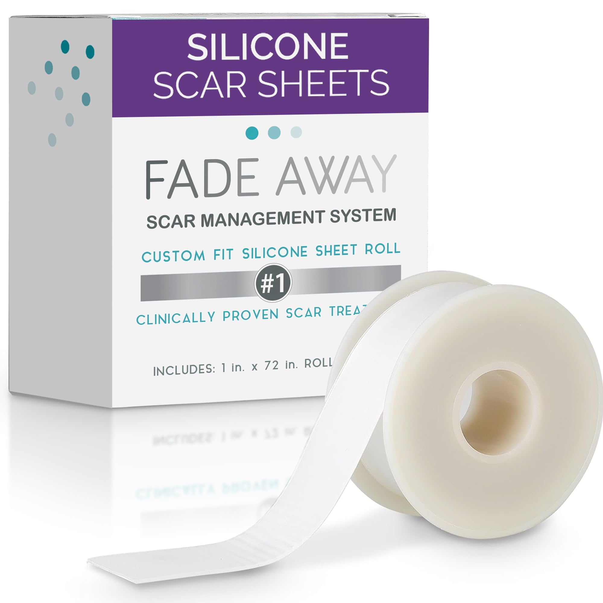 Fade Away silicone scar sheets packaging highlights medical-grade scar care.