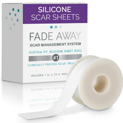 Fade Away silicone scar sheets packaging highlights medical-grade scar care.