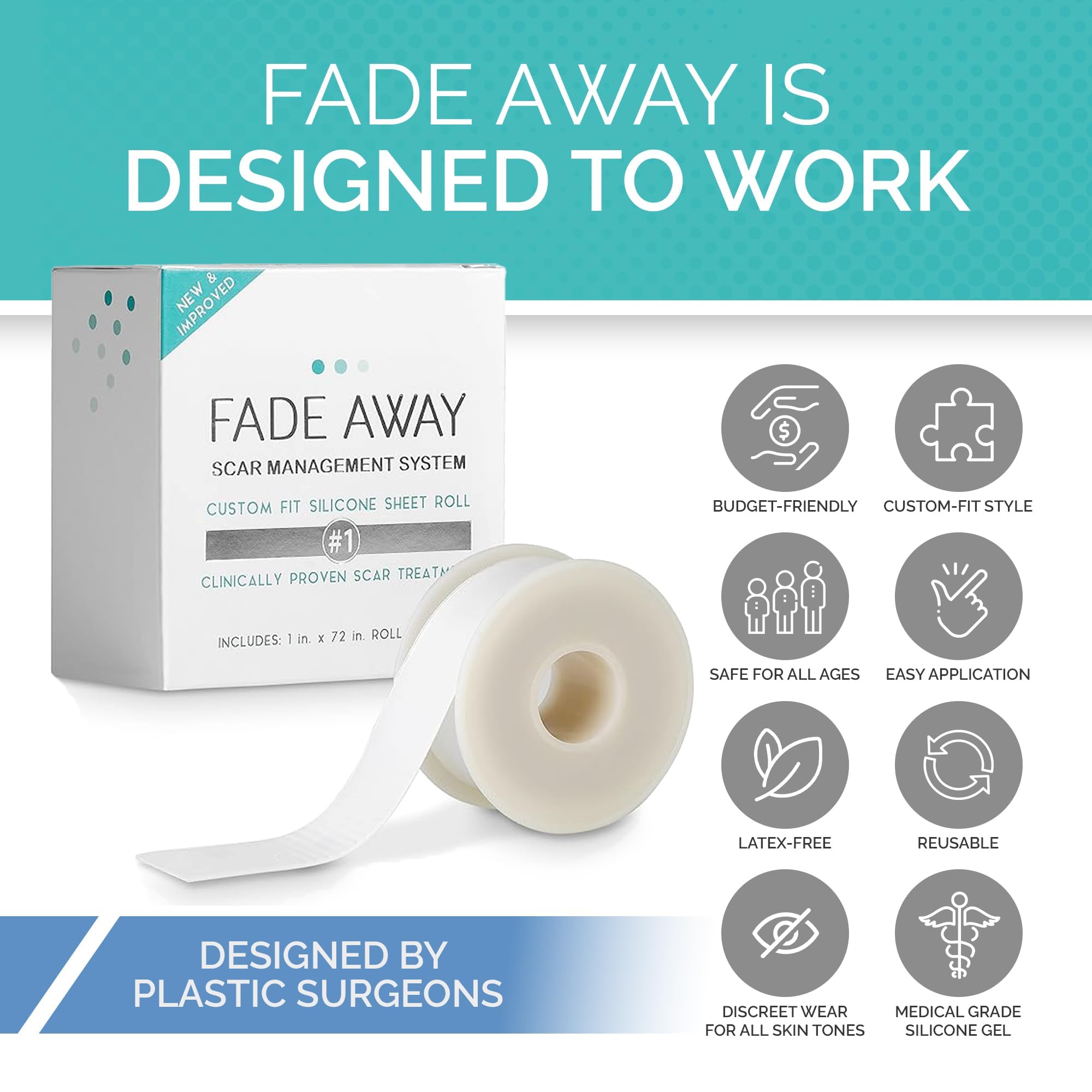 Fade Away silicone scar sheets reusable with travel case for on-the-go care.