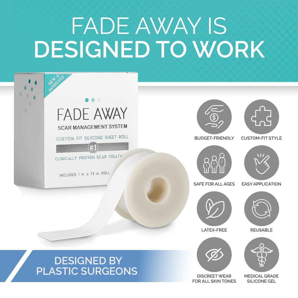 Fade Away silicone scar sheets reusable with travel case for on-the-go care.