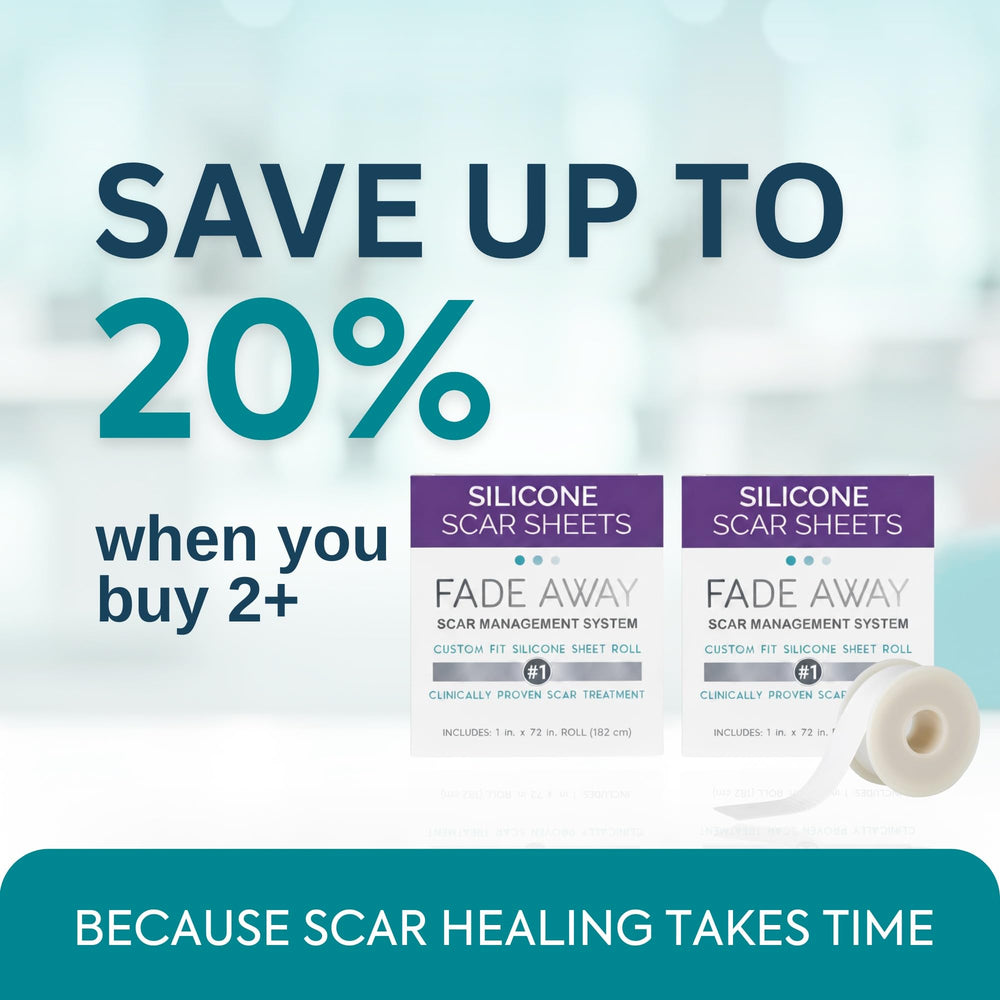 Fade Away silicone scar sheets placed over a surgical scar for precise coverage.