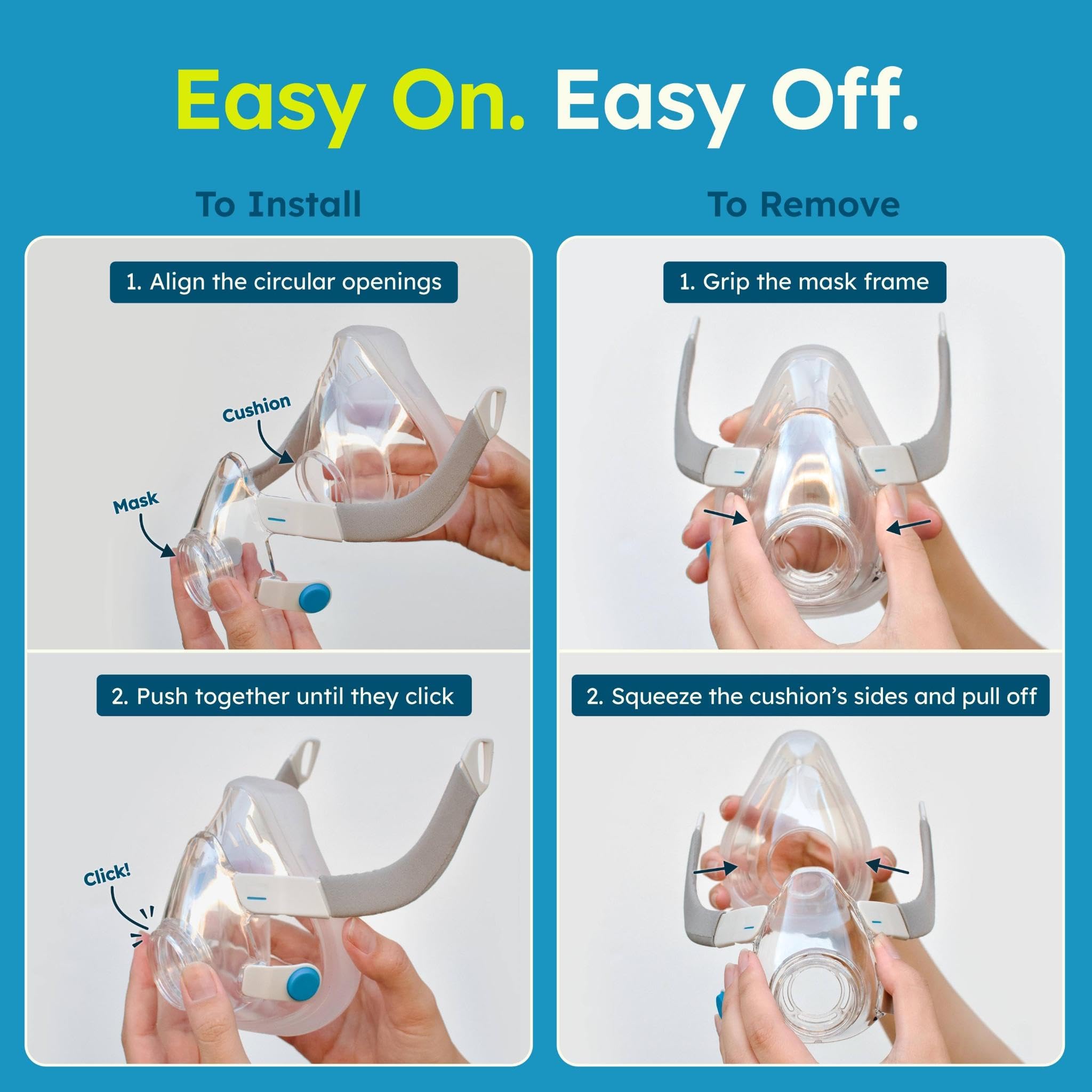 Fairflow AirFit F20 Large cushion in-use demonstrating easy, tool-free replacement.