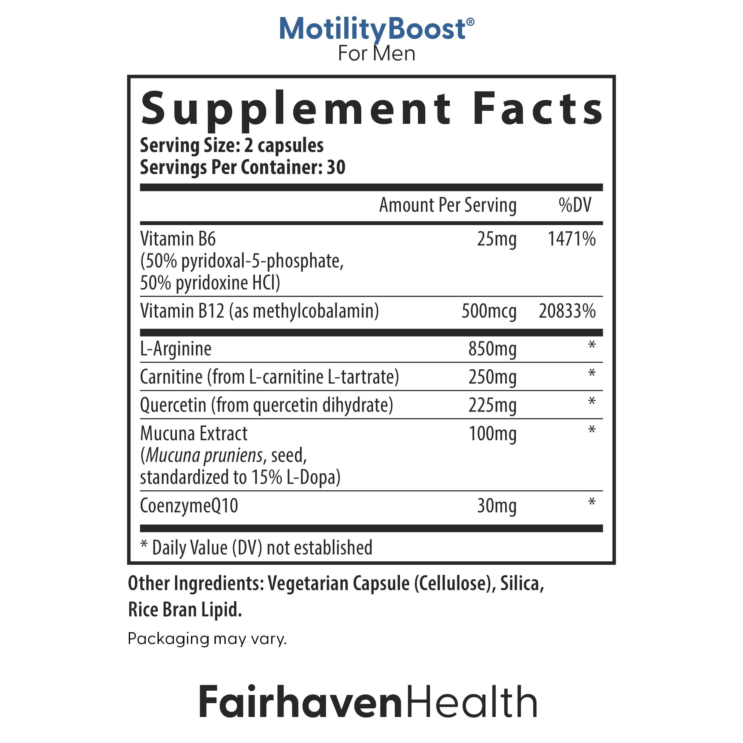 Fairhaven Health FertilAid for Men label - ingredient overview and vegan formula