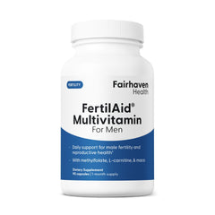 Fairhaven Health FertilAid for Men bottle shown for routine fertility support.