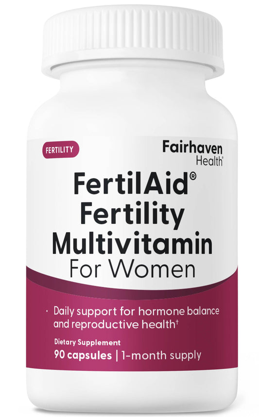 Fairhaven Health FertilAid for Women bottle showing cycle support formula