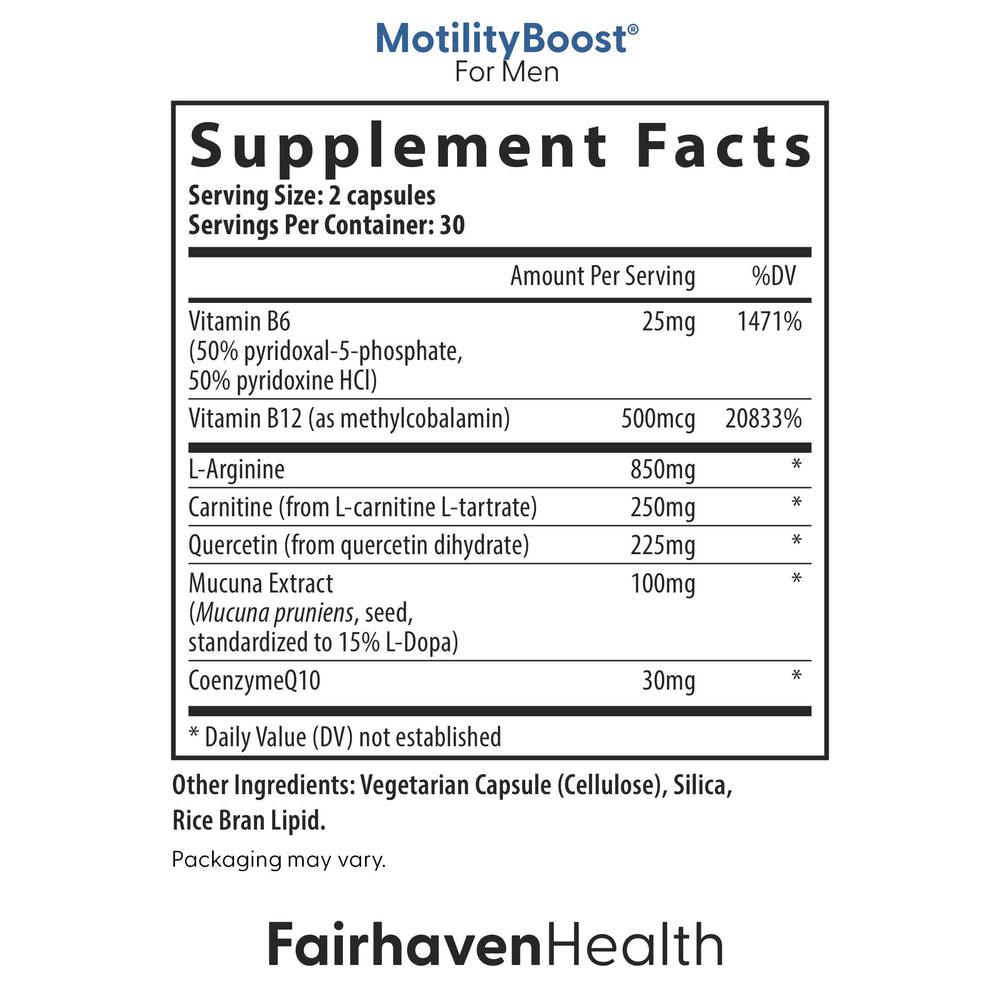 Fairhaven Health FertilAid MotilityBoost combo capsules arranged for on-shelf appeal and dosing.