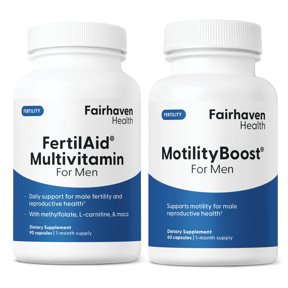 Fairhaven Health FertilAid MotilityBoost combo front label shows key ingredients for male fertility support.