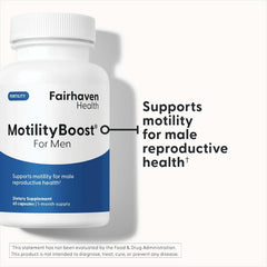 Fairhaven Health FertilAid MotilityBoost combo side view bottle and label.