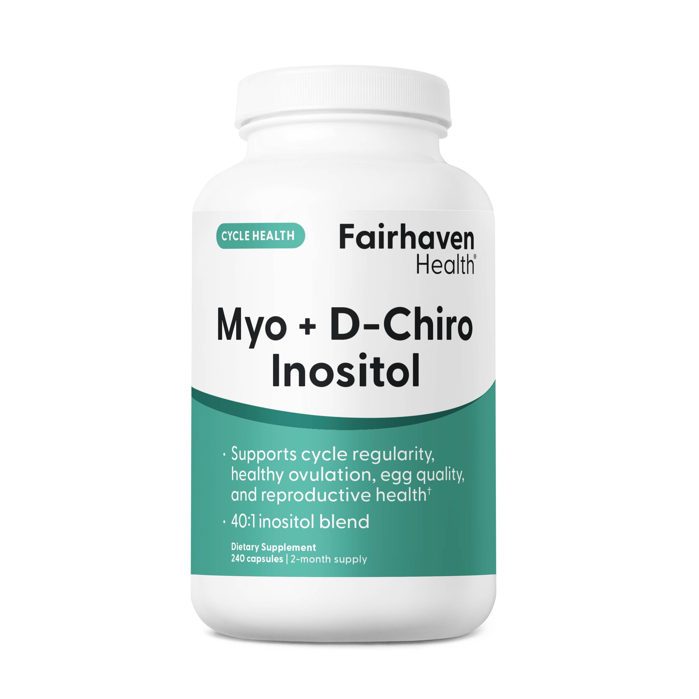 Fairhaven Health Myo-Inositol and D-Chiro Inositol bottle displays the 40:1 ratio for daily balance.