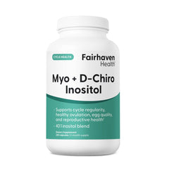 Fairhaven Health Myo-Inositol and D-Chiro Inositol bottle displays the 40:1 ratio for daily balance.