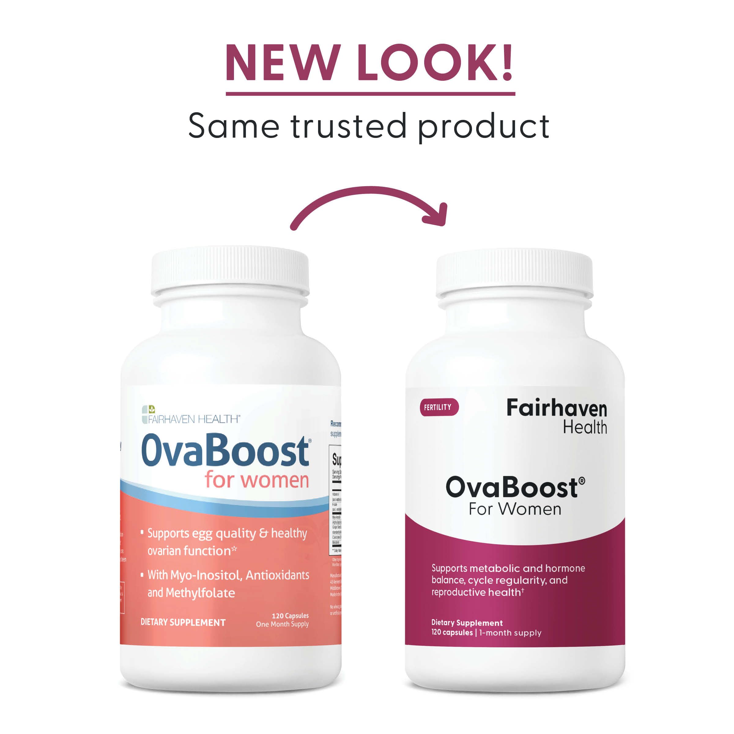 Fairhaven Health Ovaboost brand story card visible on packaging.