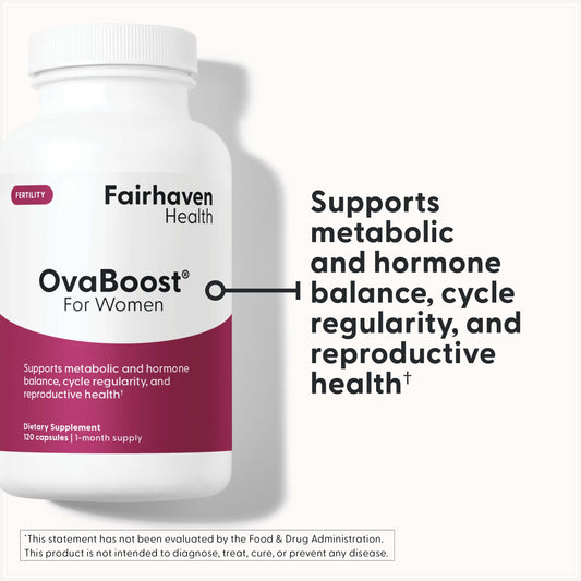 Ovaboost capsules shown for convenient daily fertility support.