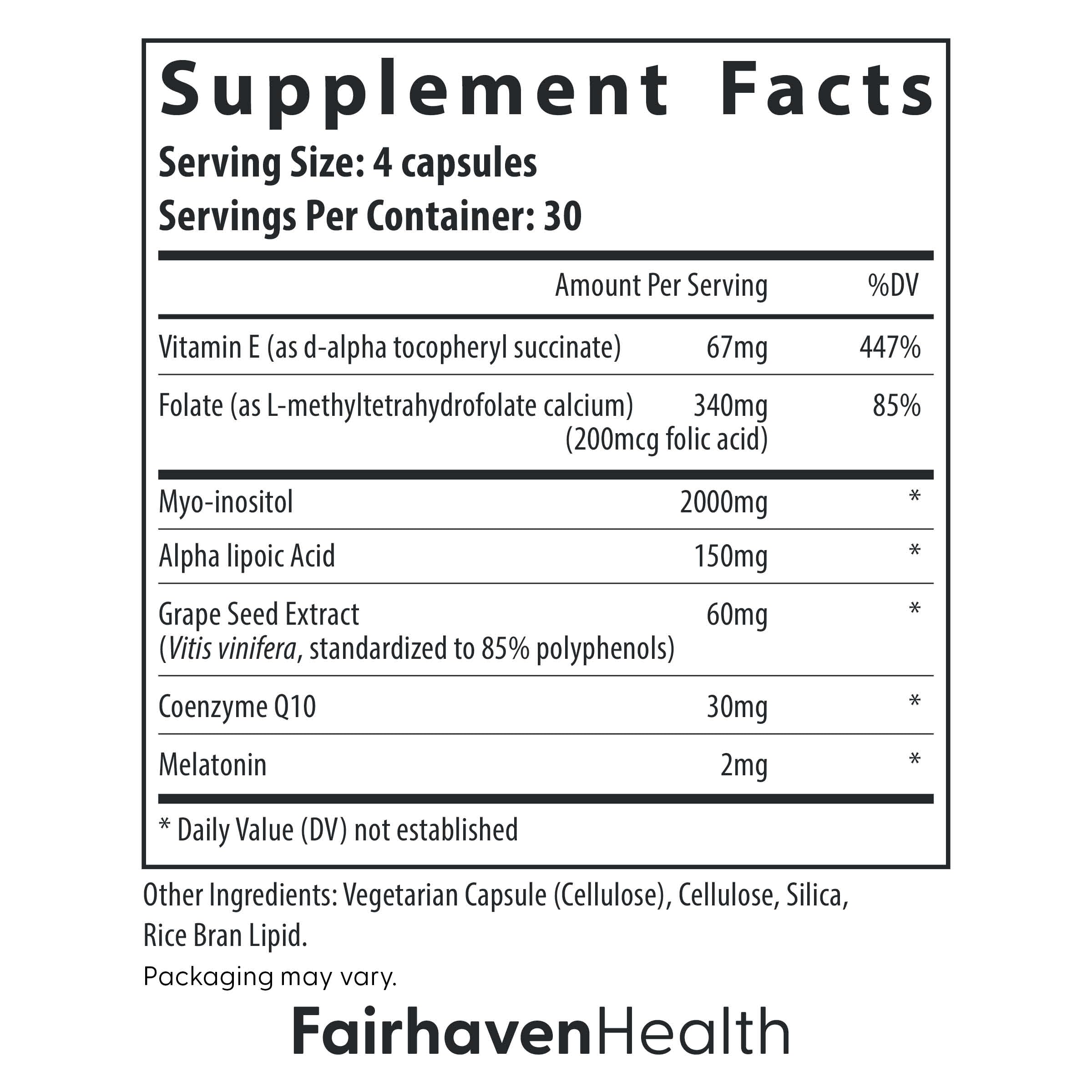 Ingredient panel featuring myo-inositol, folate, CoQ10 and antioxidants.