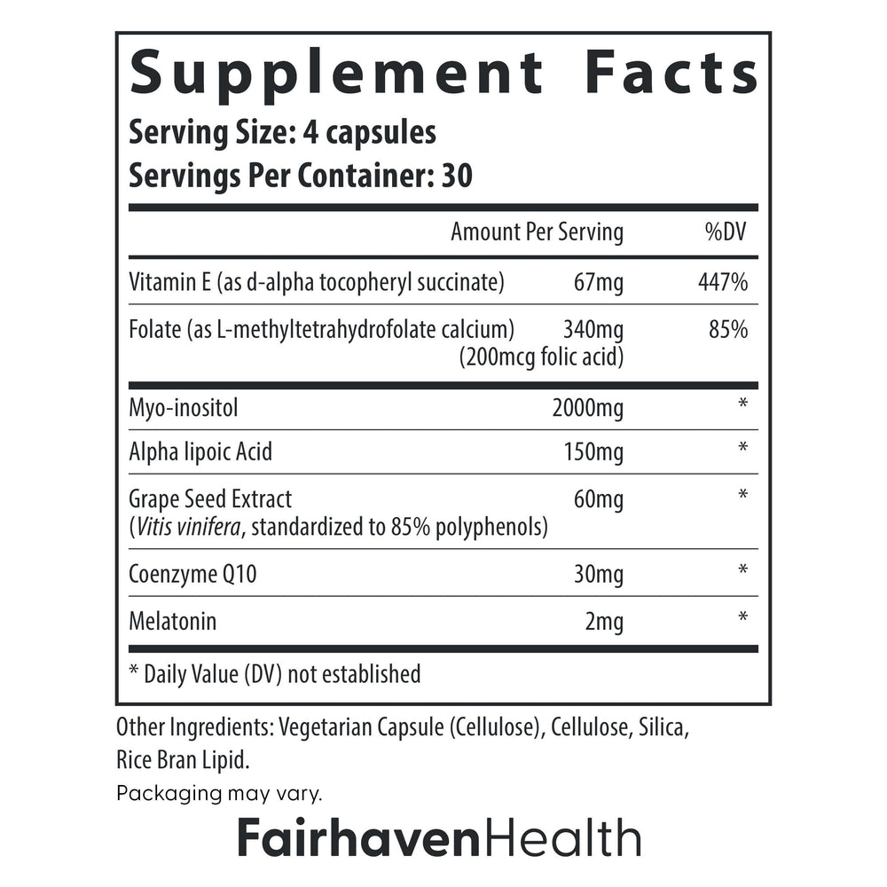 Ingredient panel featuring myo-inositol, folate, CoQ10 and antioxidants.