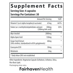Ingredient panel featuring myo-inositol, folate, CoQ10 and antioxidants.