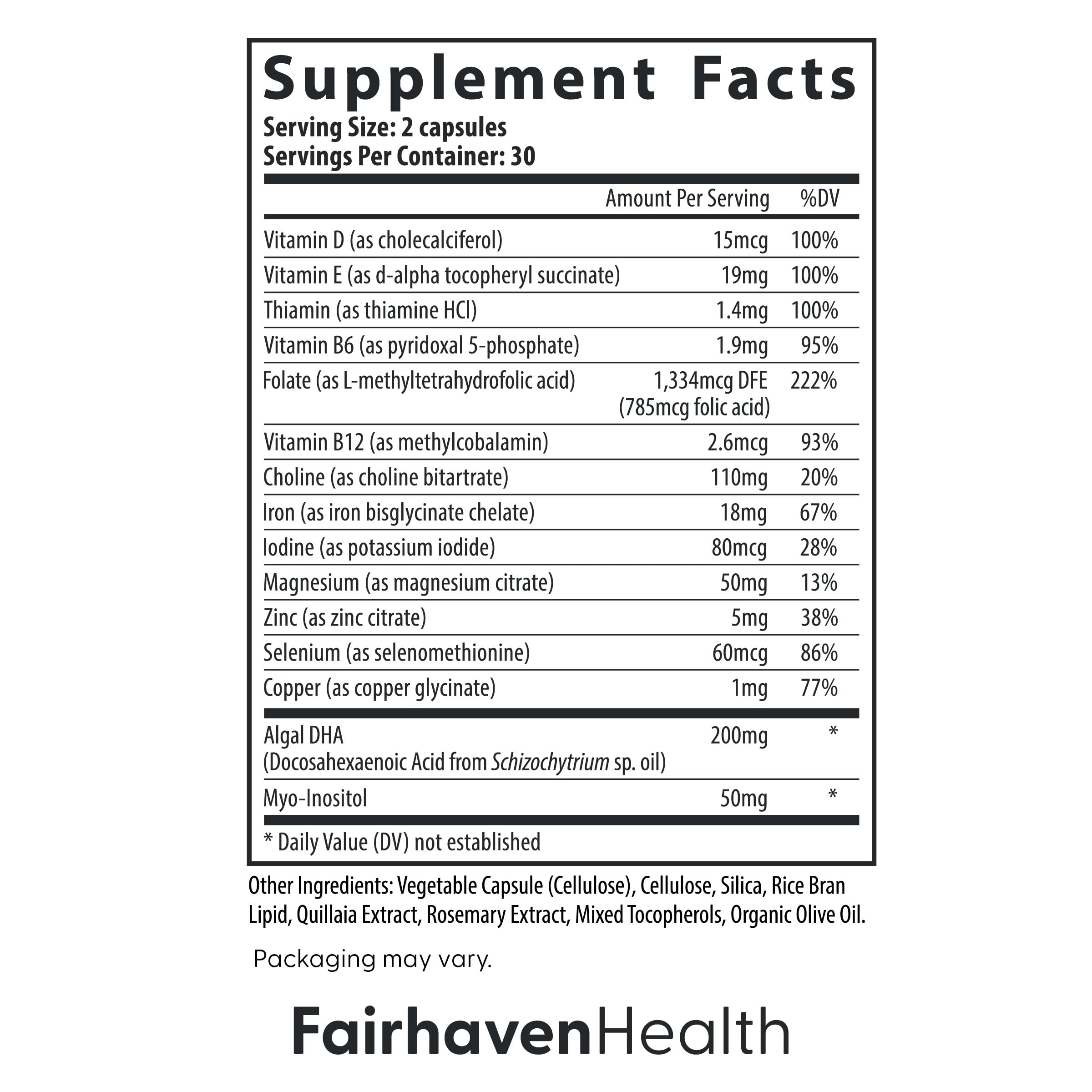 Closeup of Fairhaven Health prenatal multivitamin capsules for DHA and choline benefits