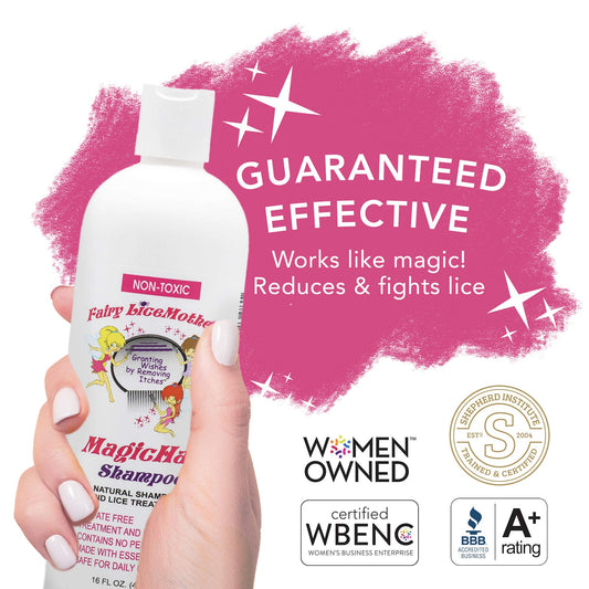 Pouring Fairy LiceMothers MagicHalo shampoo bottle during wash for gentle cleansing.