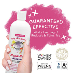 Pouring Fairy LiceMothers MagicHalo shampoo bottle during wash for gentle cleansing.
