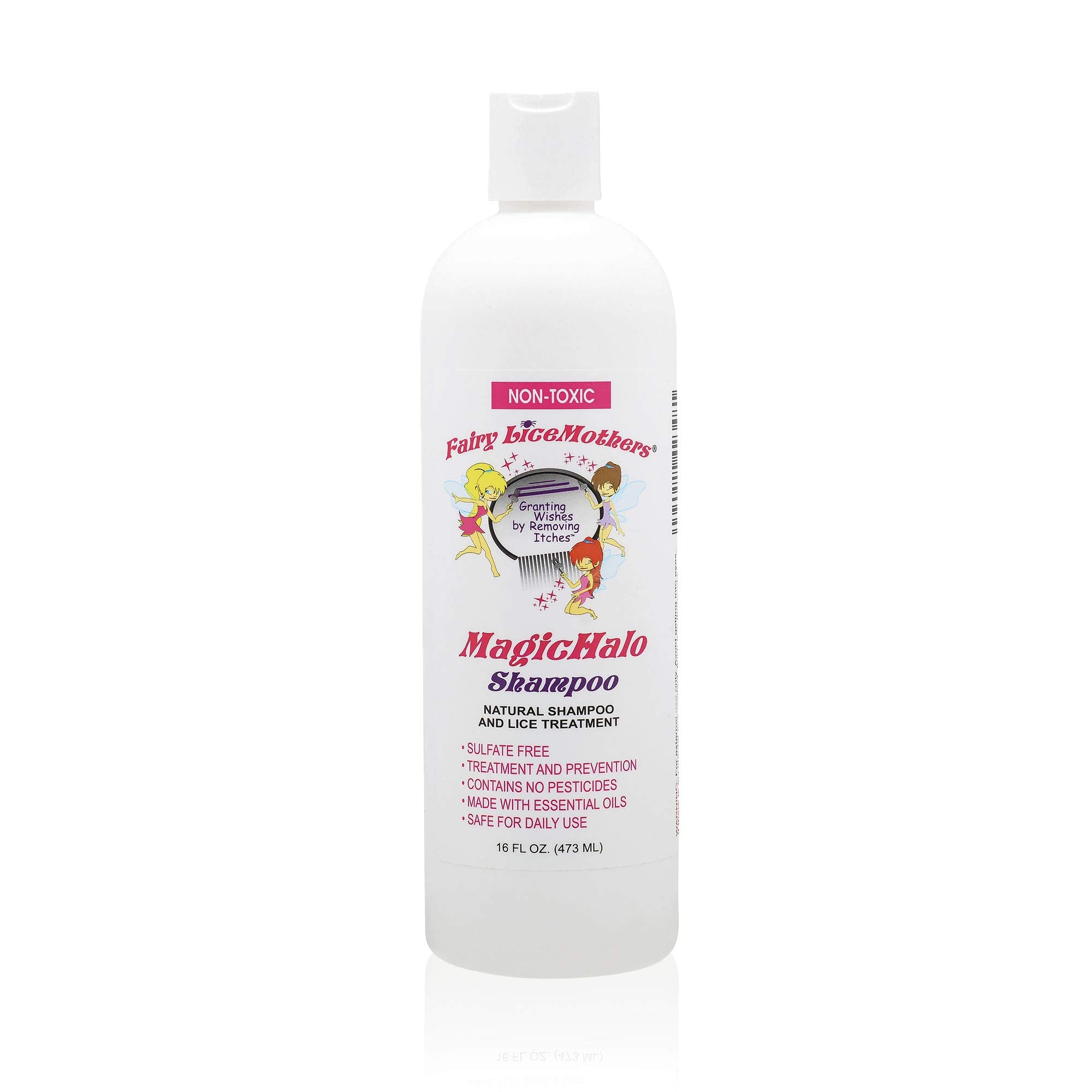 Fairy LiceMothers MagicHalo shampoo bottle with lavender scent for daily lice prevention.