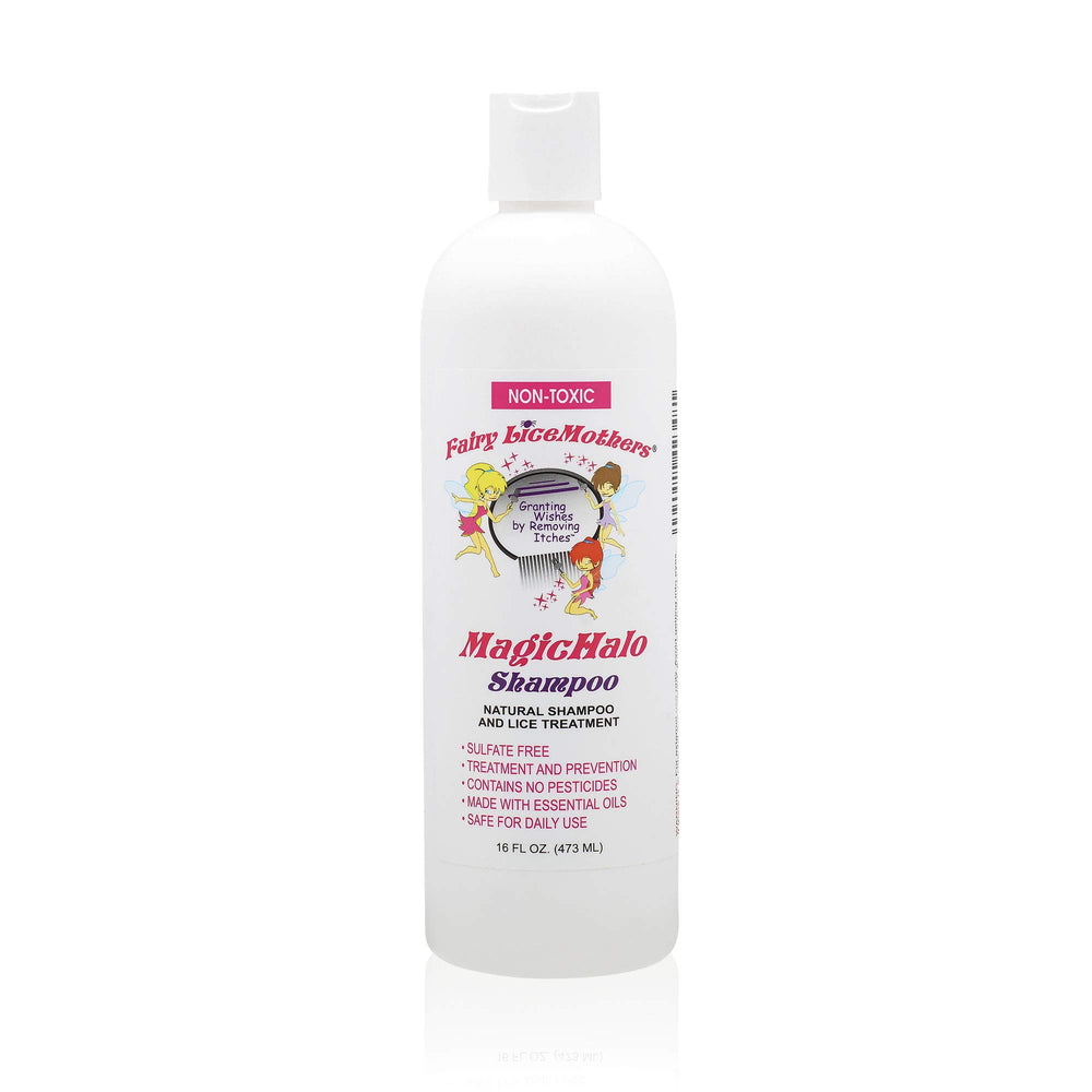 Fairy LiceMothers MagicHalo shampoo bottle with lavender scent for daily lice prevention.