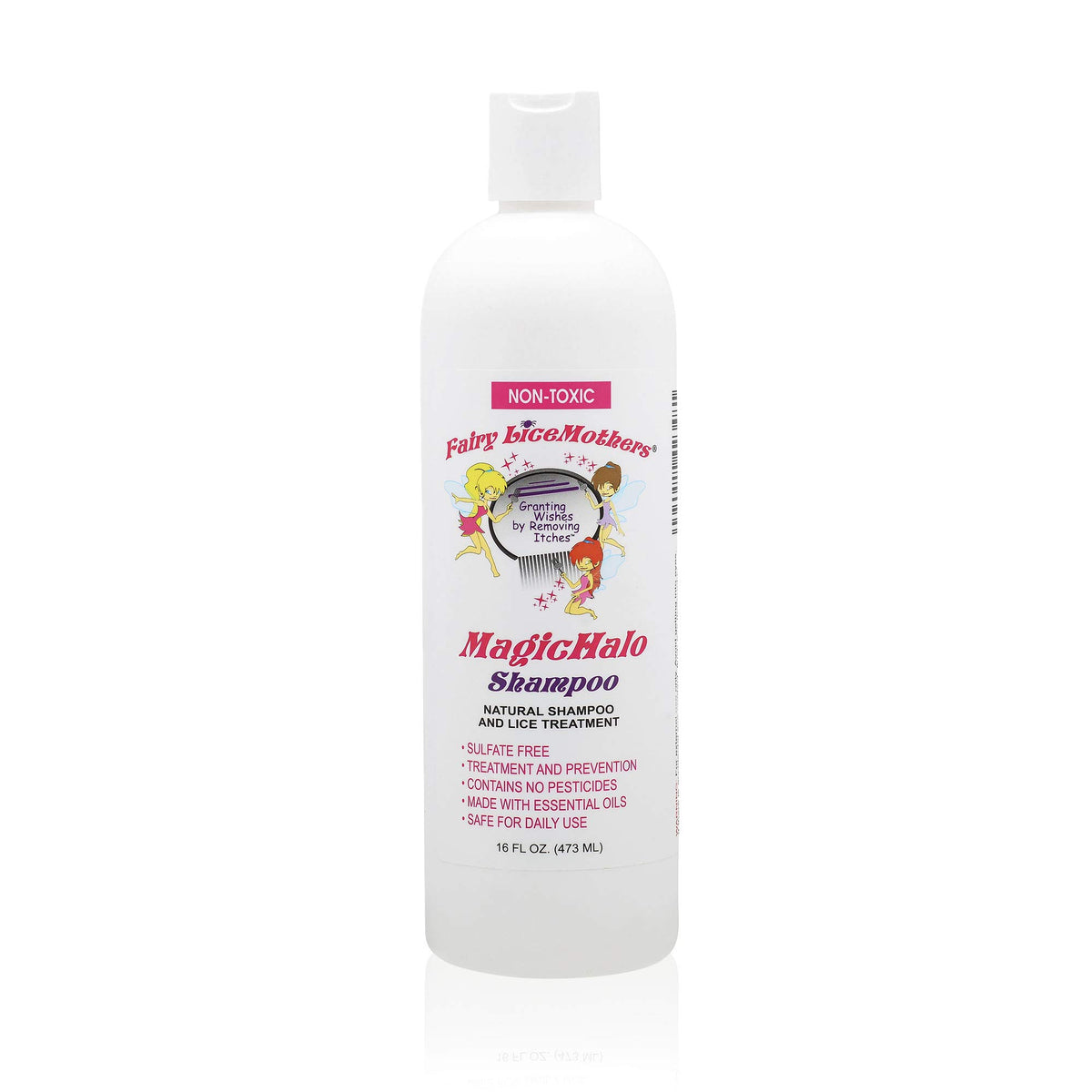 Fairy LiceMothers MagicHalo shampoo bottle with lavender scent for daily lice prevention.