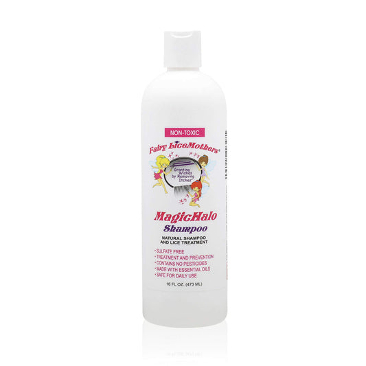Fairy LiceMothers MagicHalo shampoo bottle with lavender scent for daily lice prevention.