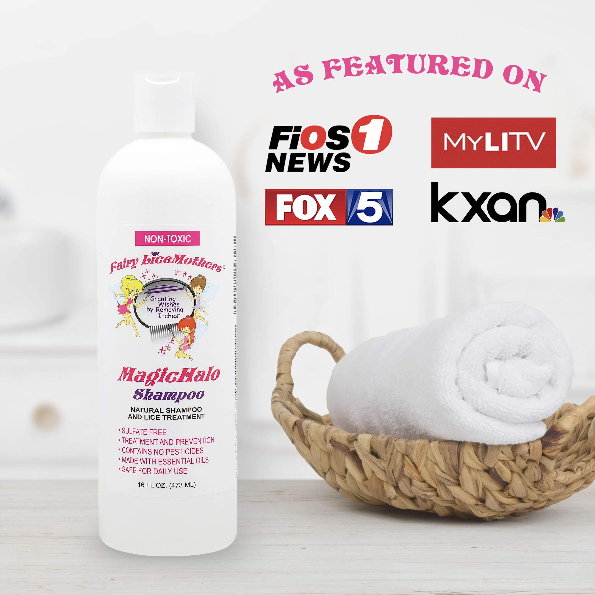 Close-up label of Fairy LiceMothers MagicHalo shampoo highlighting no sulfates.