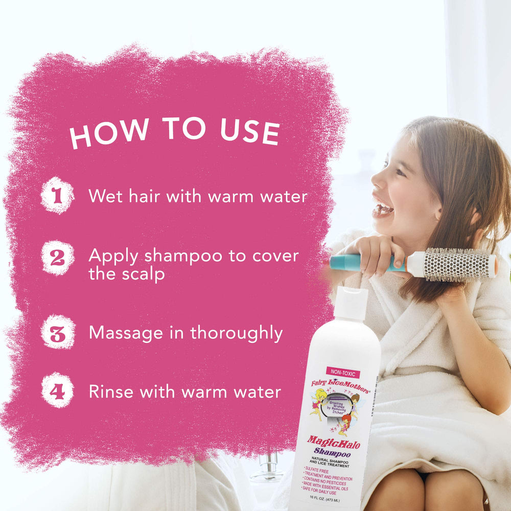 Fairy LiceMothers MagicHalo bottle showing lavender and peppermint notes for soothing wash.