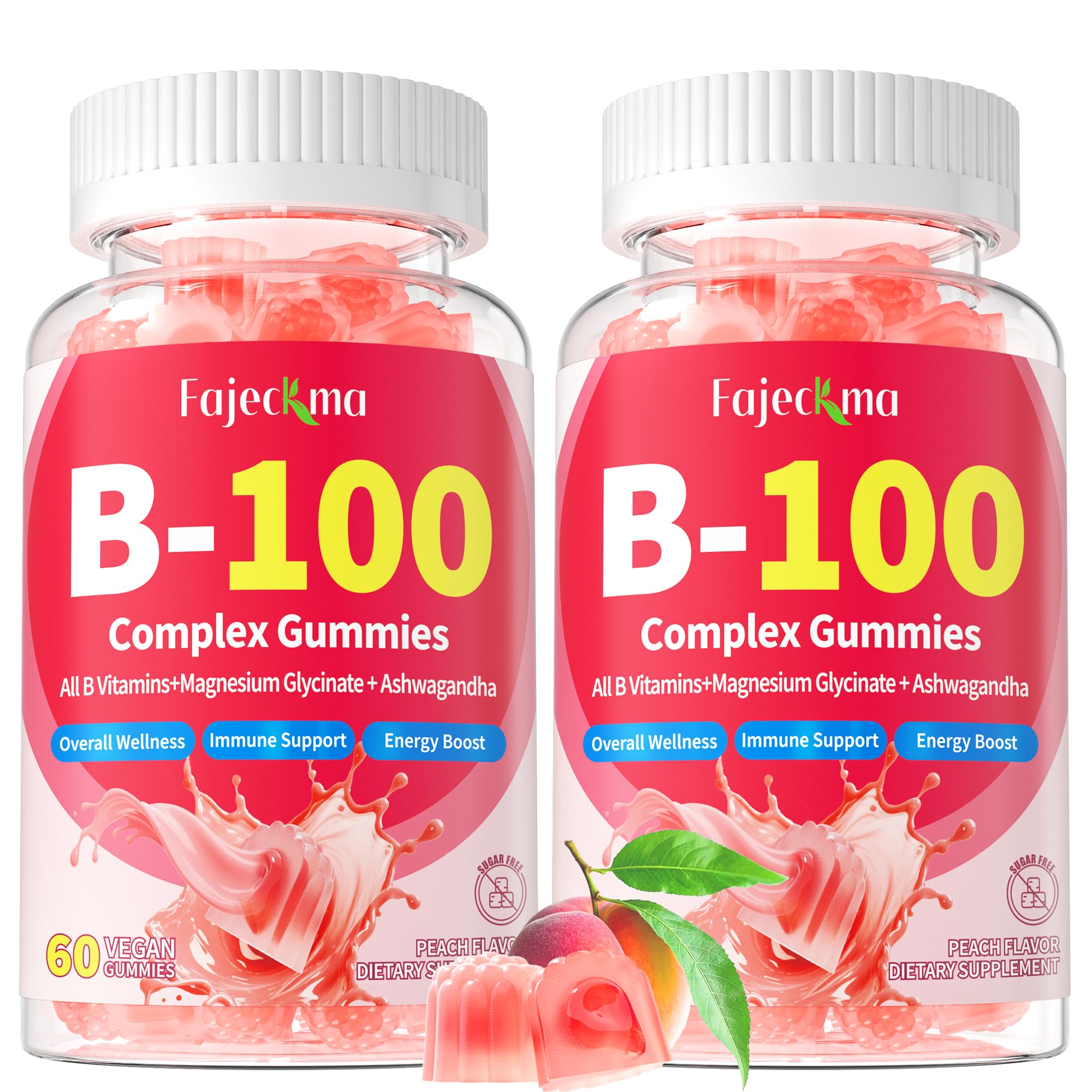 Fajeckma B-100 gummies bottle closeup highlights vegan energy support.