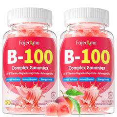 Fajeckma B-100 gummies bottle closeup highlights vegan energy support.