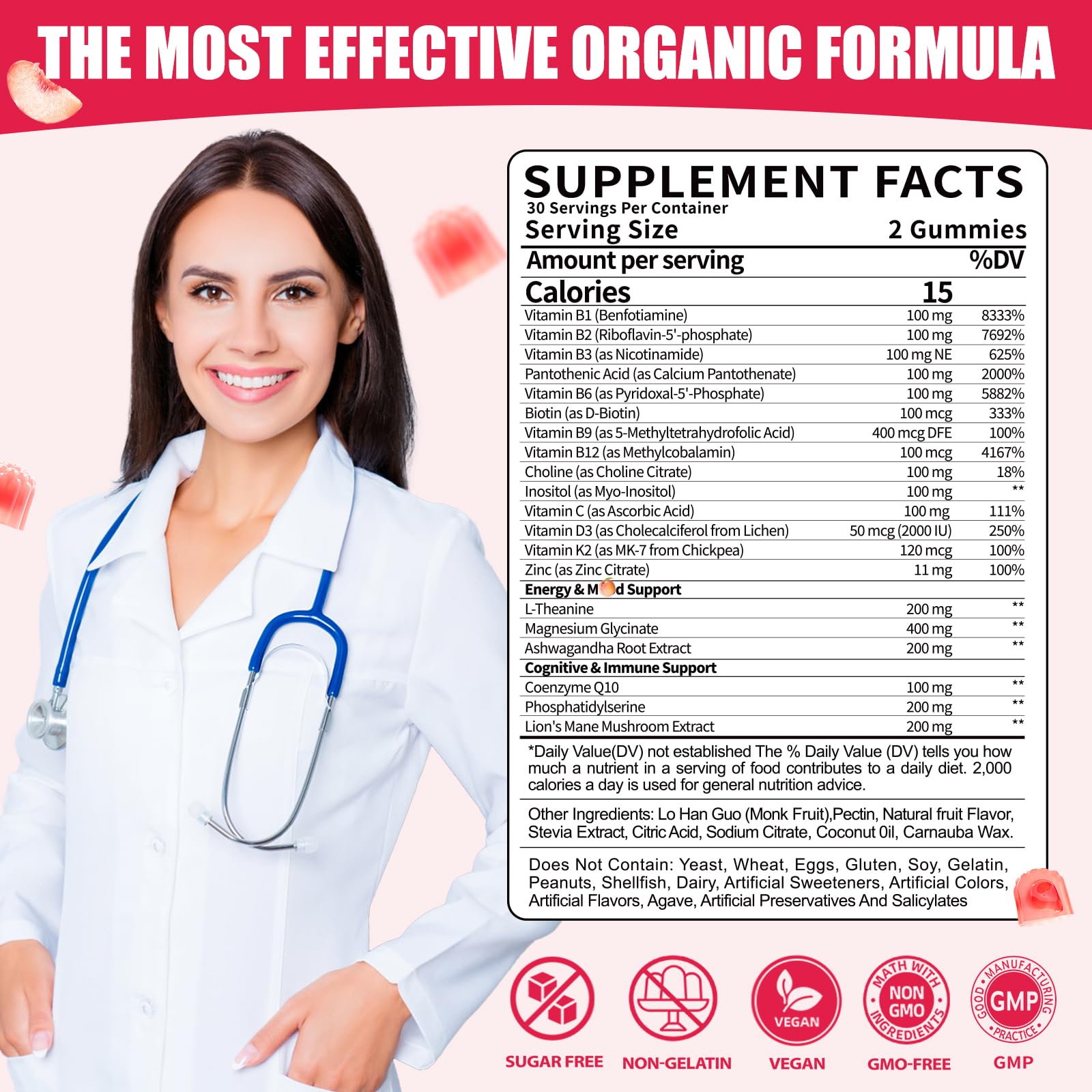 Fajeckma B-100 gummies label detail emphasizes bioactive B vitamins.