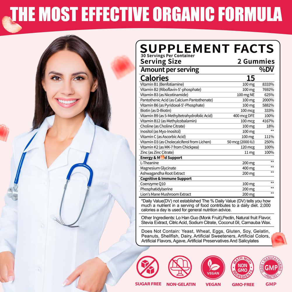 Fajeckma B-100 gummies label detail emphasizes bioactive B vitamins.